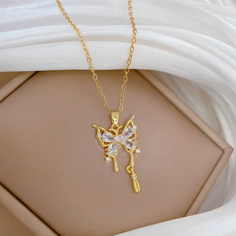 Necklace Stainless Steel Copper Geometric Hollow Butterfly Full Diamond Light Luxury Elegant Gorgeous Unisex - Image 3