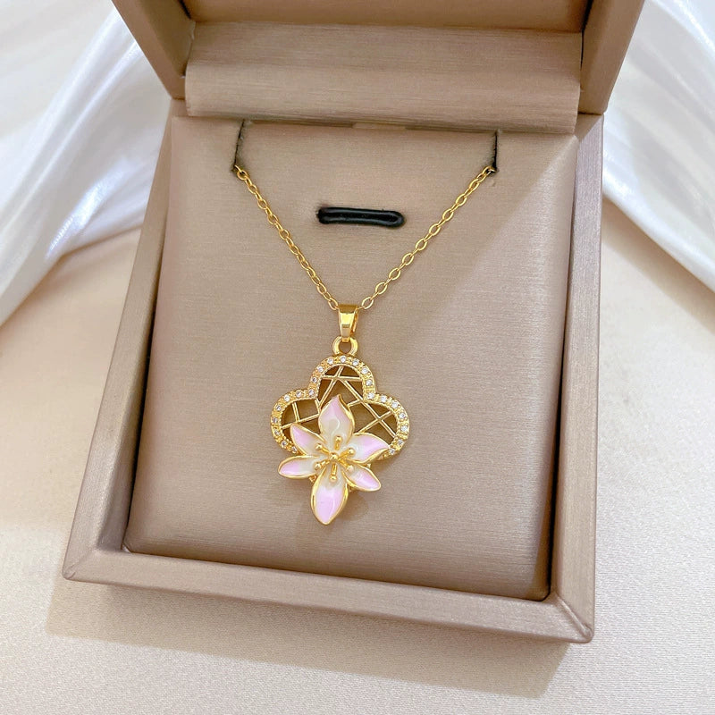Necklace Stainless Steel Copper Geometric Hollow Oil Dropping Flowers Light Luxury Elegant Gorgeous Allmatch Clavicle Chain Unisex - Image 3