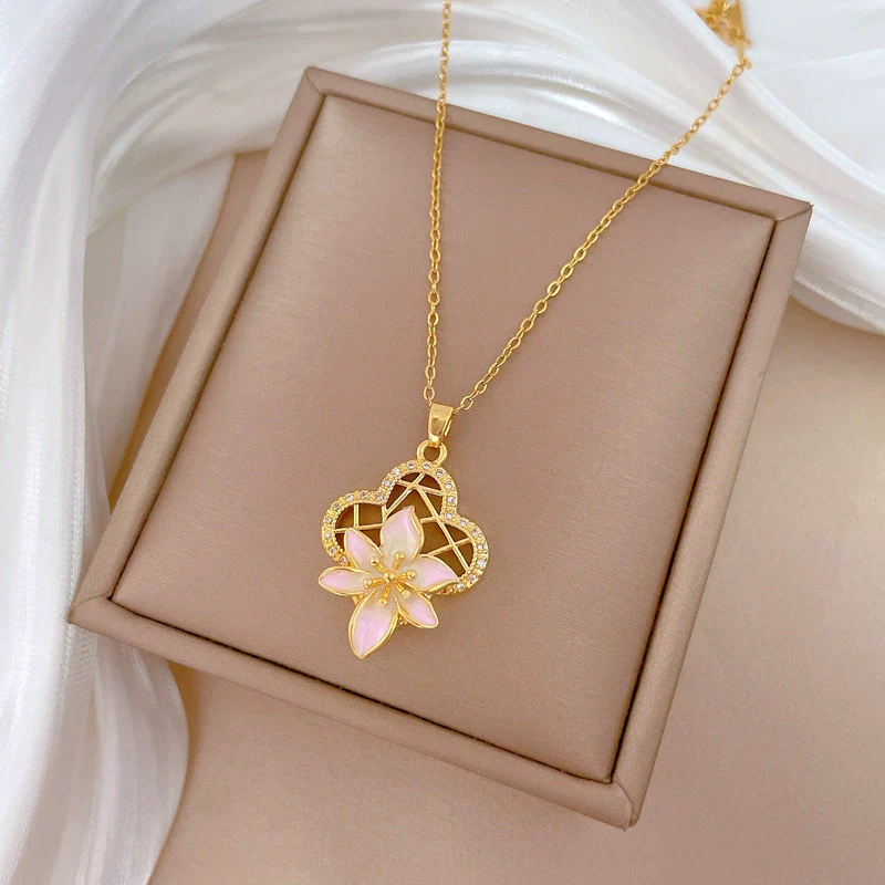 Necklace Stainless Steel Copper Geometric Hollow Oil Dropping Flowers Light Luxury Elegant Gorgeous Allmatch Clavicle Chain Unisex - Image 4