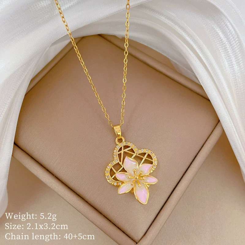 Necklace Stainless Steel Copper Geometric Hollow Oil Dropping Flowers Light Luxury Elegant Gorgeous Allmatch Clavicle Chain Unisex - Image 6