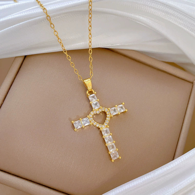 Necklace Stainless Steel Copper Geometric Love Cross Full Diamond Light Luxury Temperament Gorgeous Unisex - Image 3