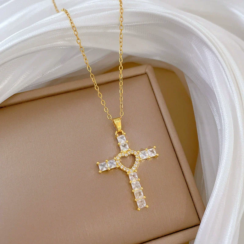 Necklace Stainless Steel Copper Geometric Love Cross Full Diamond Light Luxury Temperament Gorgeous Unisex - Image 4
