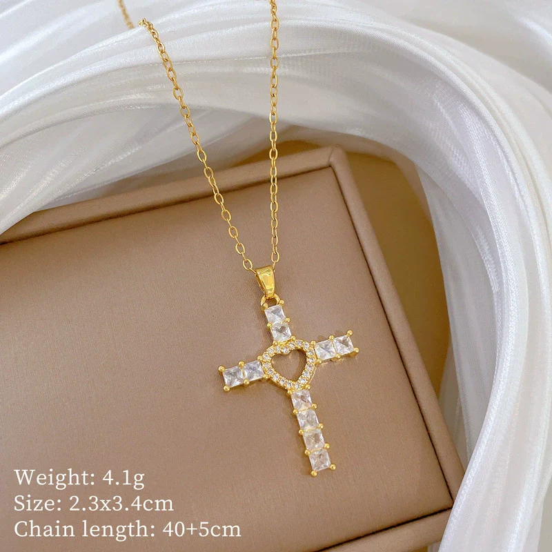 Necklace Stainless Steel Copper Geometric Love Cross Full Diamond Light Luxury Temperament Gorgeous Unisex - Image 6