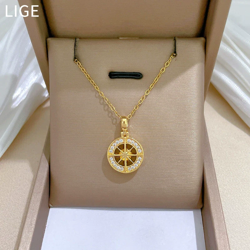 Necklace Stainless Steel Copper Geometric Round Star Flower Light Luxury Style Unisex