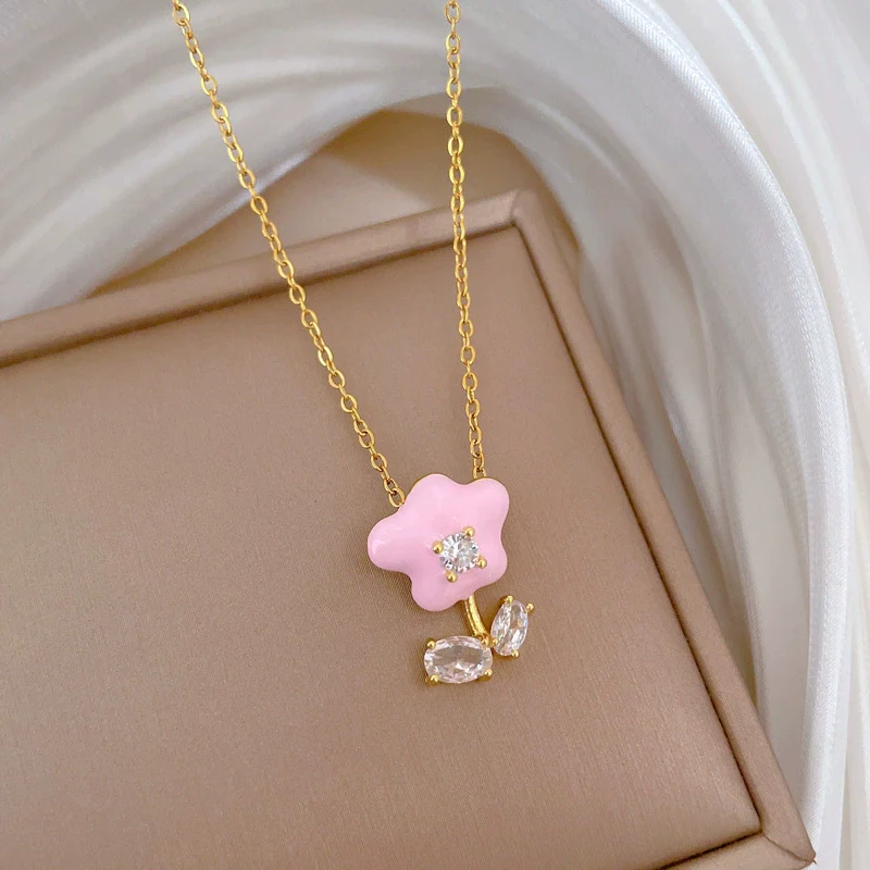 Necklace Stainless Steel Copper Geometric Style Drop Oil Flower Zircon Light Luxury Elegant Gorgeous Unisex - Image 3