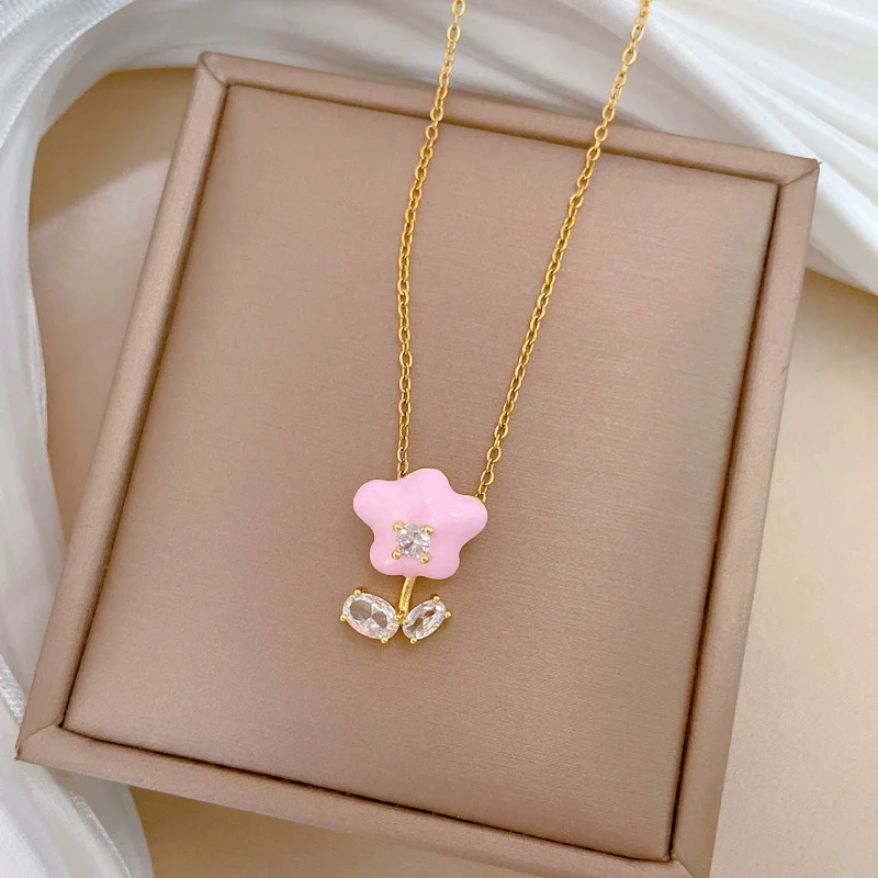 Necklace Stainless Steel Copper Geometric Style Drop Oil Flower Zircon Light Luxury Elegant Gorgeous Unisex - Image 4