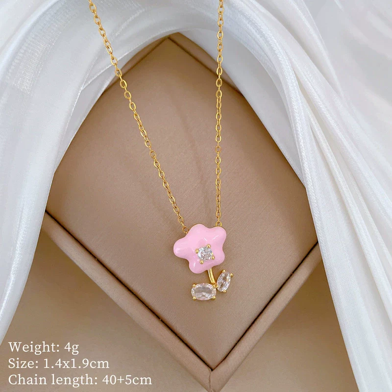 Necklace Stainless Steel Copper Geometric Style Drop Oil Flower Zircon Light Luxury Elegant Gorgeous Unisex - Image 6