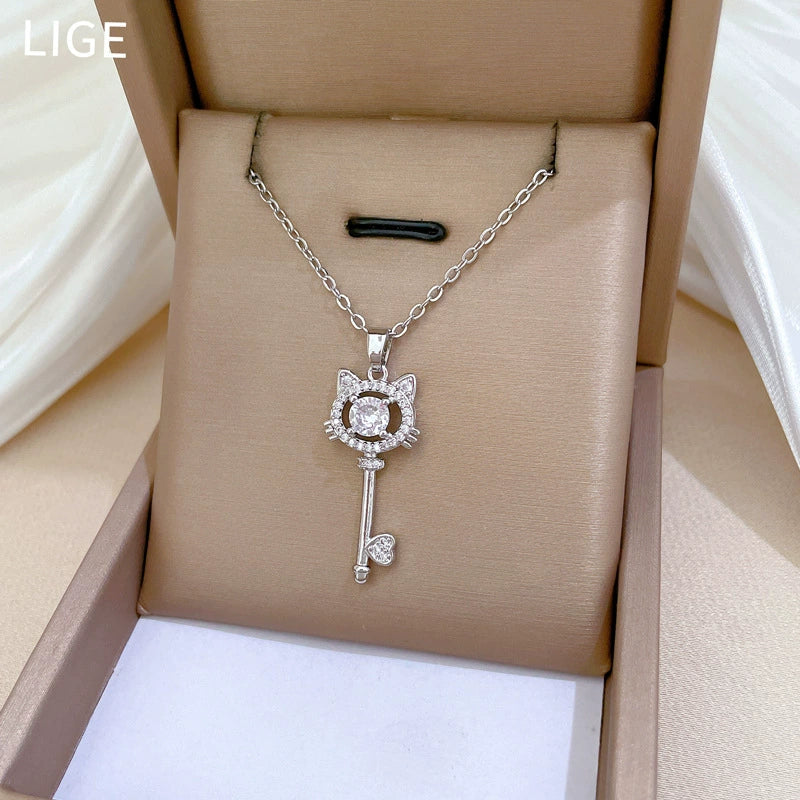 Necklace Stainless Steel Copper Geometric Titanium Steel Cat Key Zircon Light Luxury Elegant Gorgeous Unisex - Image 3