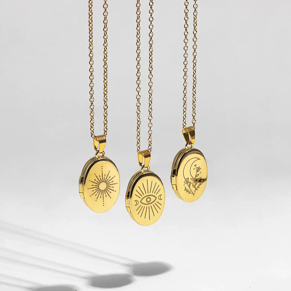 Necklace Stainless Steel Copper Gold Inlaid Oval Openable Photo Album Sun Moon Devil Eye Retro Chic Geometric - Image 2