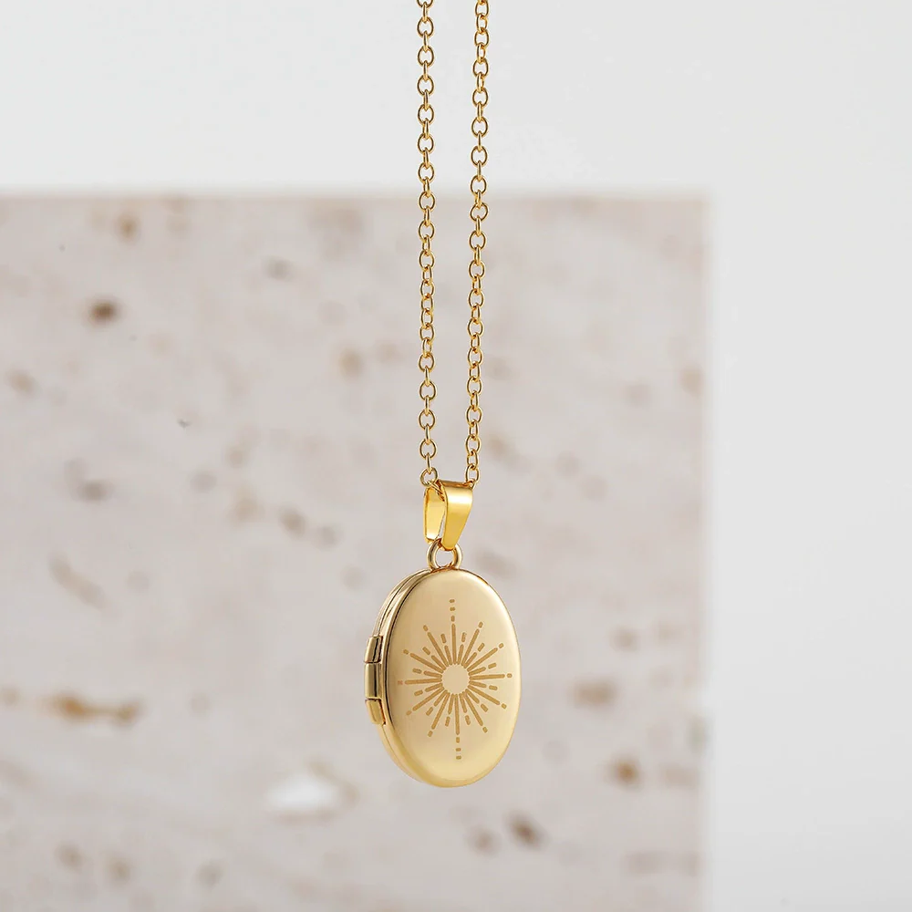 Necklace Stainless Steel Copper Gold Inlaid Oval Openable Photo Album Sun Moon Devil Eye Retro Chic Geometric - Image 7