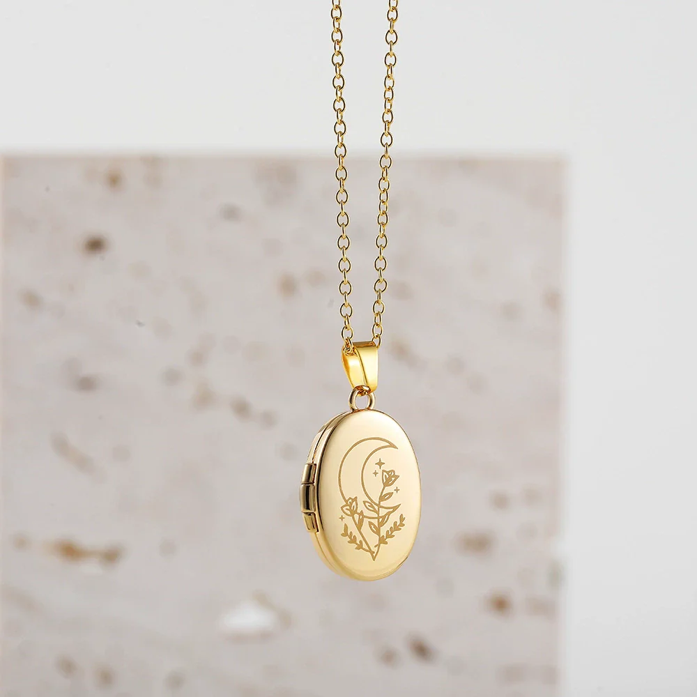 Necklace Stainless Steel Copper Gold Inlaid Oval Openable Photo Album Sun Moon Devil Eye Retro Chic Geometric - Image 8