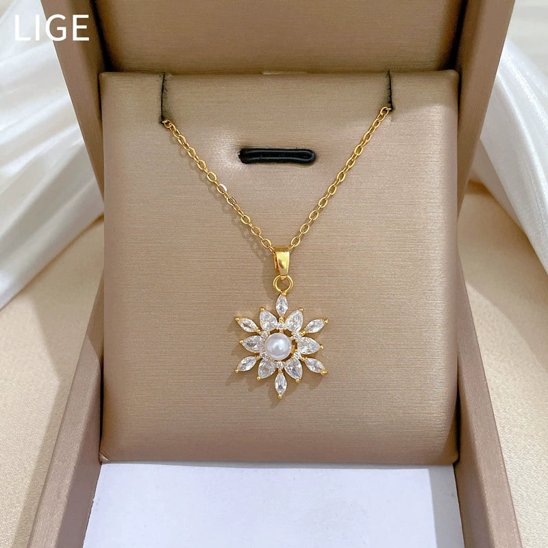 Necklace Stainless Steel Copper Pearl Flower Zircon Geometric Light Luxury Elegant Gorgeous Unisex