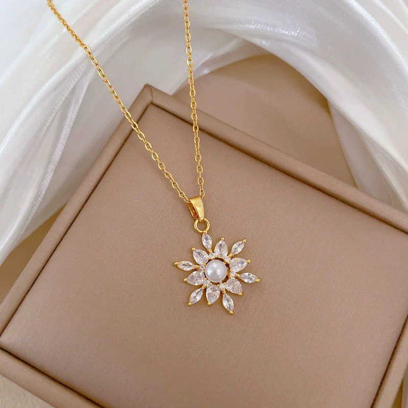 Necklace Stainless Steel Copper Pearl Flower Zircon Geometric Light Luxury Elegant Gorgeous Unisex - Image 4