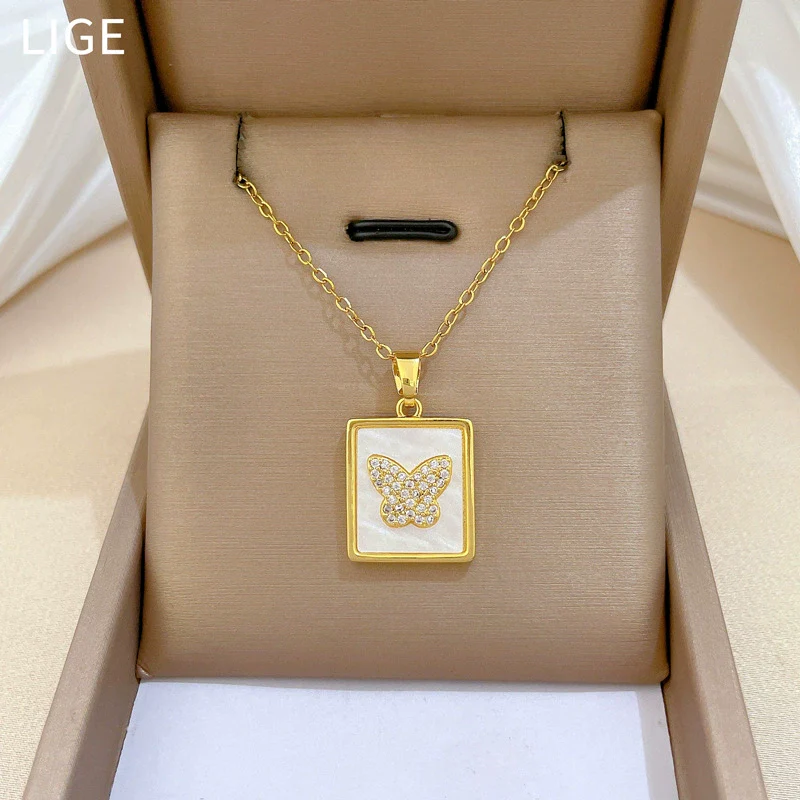 Necklace Stainless Steel Copper Square Shell Butterfly Geometric Cartoon Minimalist Unisex