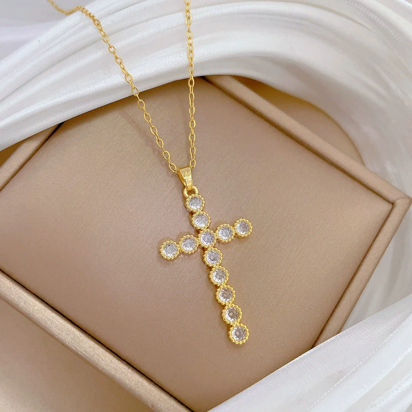Necklace Stainless Steel Geometric Cross Full Diamond Light Luxury Elegant Gorgeous Unisex Allmatch Clavicle Chain - Image 3