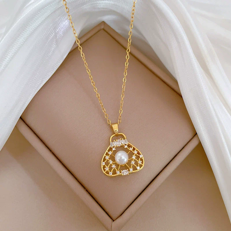 Necklace Stainless Steel Geometric Hollow Pearl Bag Light Luxury Elegant Gorgeous Unisex - Image 3