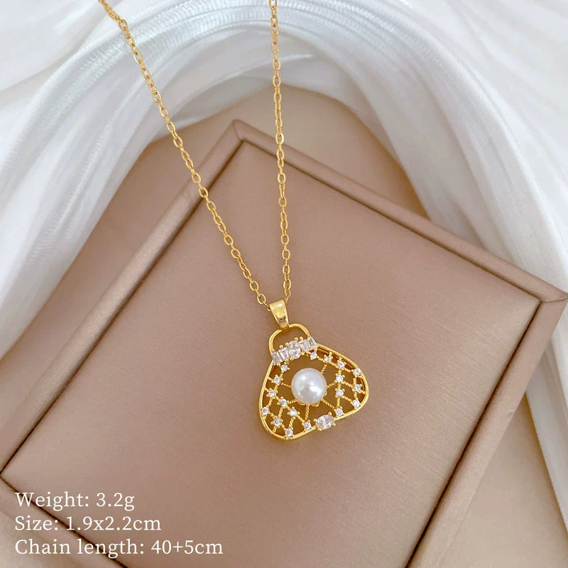 Necklace Stainless Steel Geometric Hollow Pearl Bag Light Luxury Elegant Gorgeous Unisex - Image 6