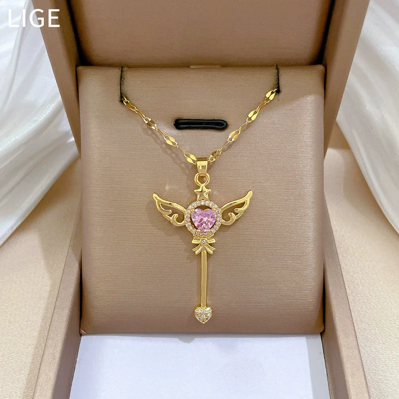 Necklace Stainless Steel Geometric Key Wings Full Diamond Unisex
