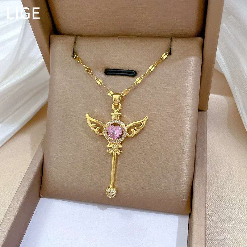 Necklace Stainless Steel Geometric Key Wings Full Diamond Unisex - Image 3