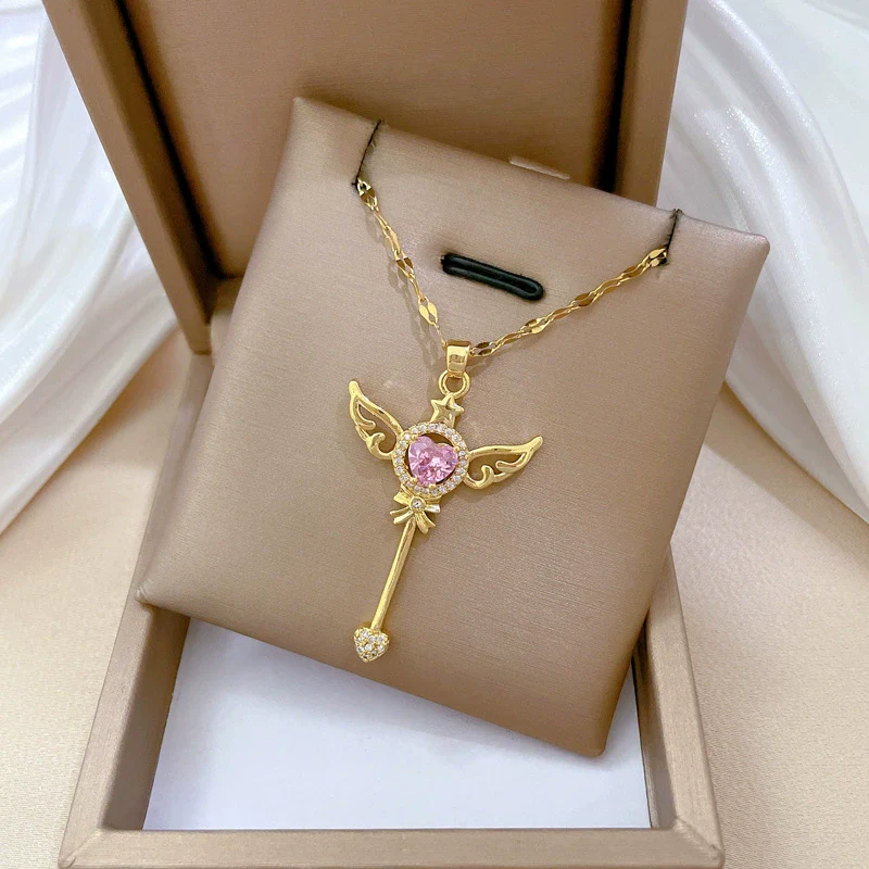 Necklace Stainless Steel Geometric Key Wings Full Diamond Unisex - Image 4