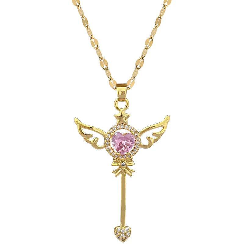 Necklace Stainless Steel Geometric Key Wings Full Diamond Unisex - Image 5