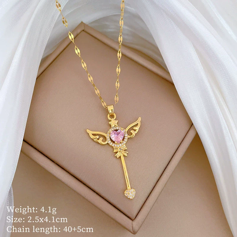 Necklace Stainless Steel Geometric Key Wings Full Diamond Unisex - Image 6