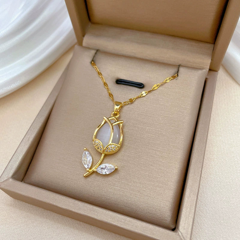 Necklace Stainless Steel Geometric Leaf Tulip Pendant For Women - Image 3