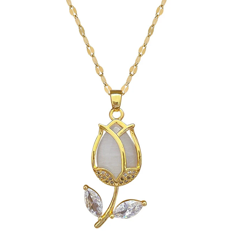 Necklace Stainless Steel Geometric Leaf Tulip Pendant For Women - Image 5