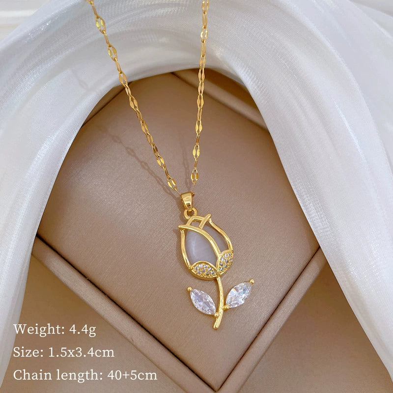 Necklace Stainless Steel Geometric Leaf Tulip Pendant For Women - Image 6