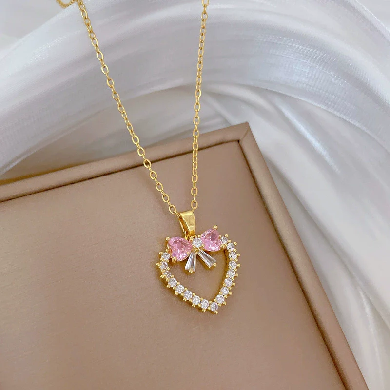 Necklace Stainless Steel Geometric Love Bow Light Luxury Pendant Copper Chain - Image 3