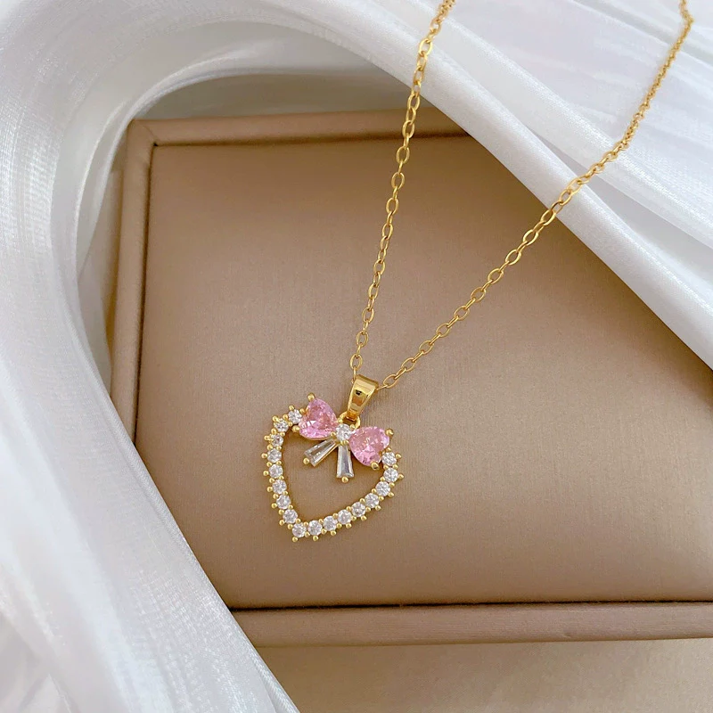 Necklace Stainless Steel Geometric Love Bow Light Luxury Pendant Copper Chain - Image 4