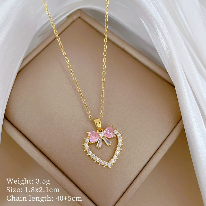 Necklace Stainless Steel Geometric Love Bow Light Luxury Pendant Copper Chain - Image 6