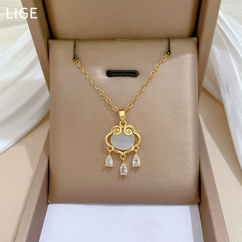 Necklace Stainless Steel Geometric Opal Lucky Lock Titanium Steel Chain For Women