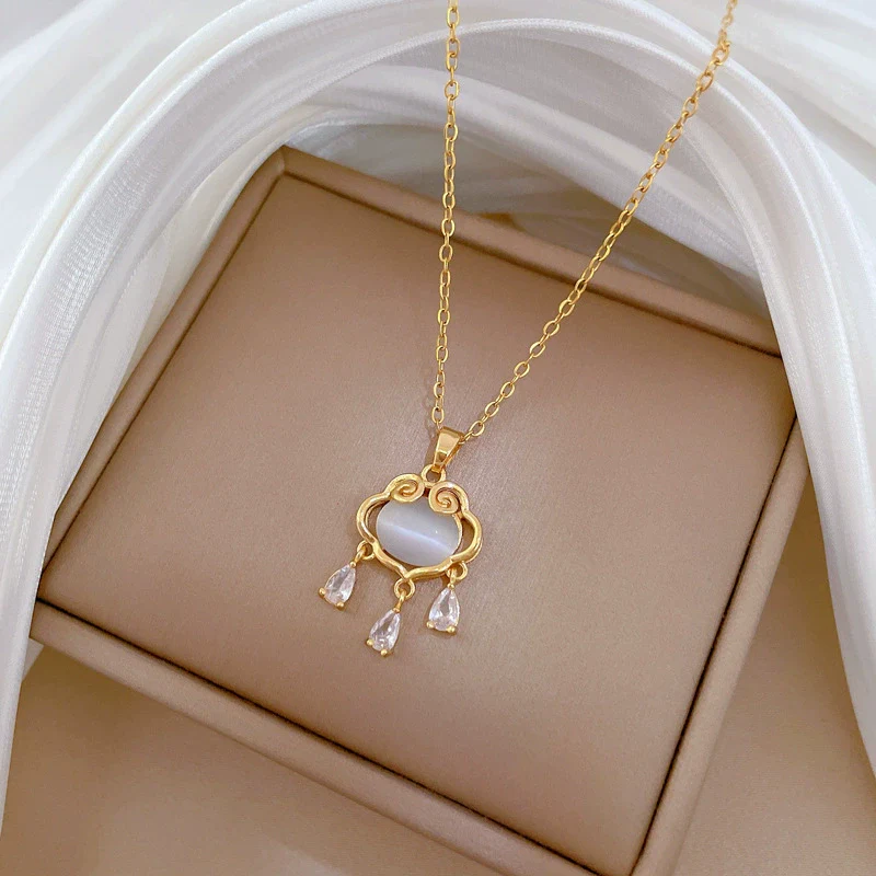 Necklace Stainless Steel Geometric Opal Lucky Lock Titanium Steel Chain For Women - Image 3