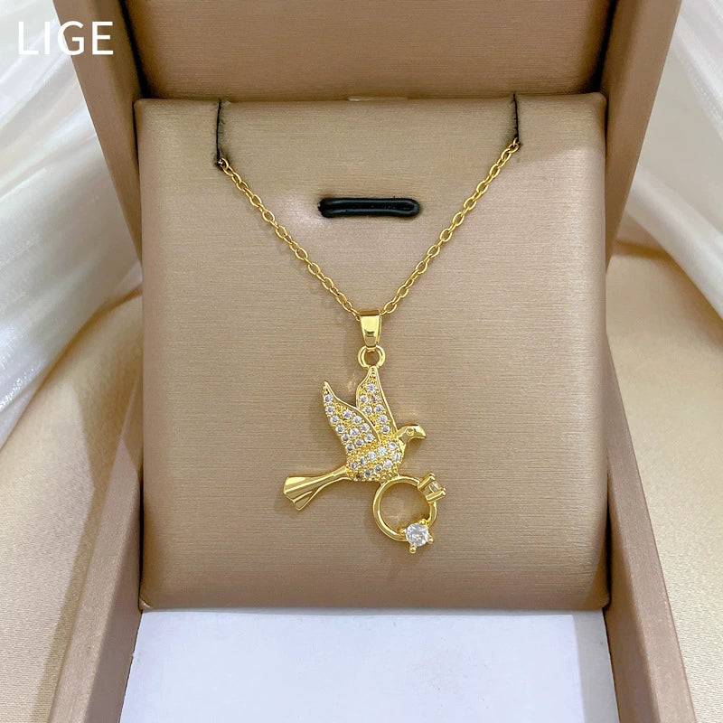 Necklace Stainless Steel Geometric Swallow Inclined Ring Light Luxury Elegant Gorgeous Copper Pendant