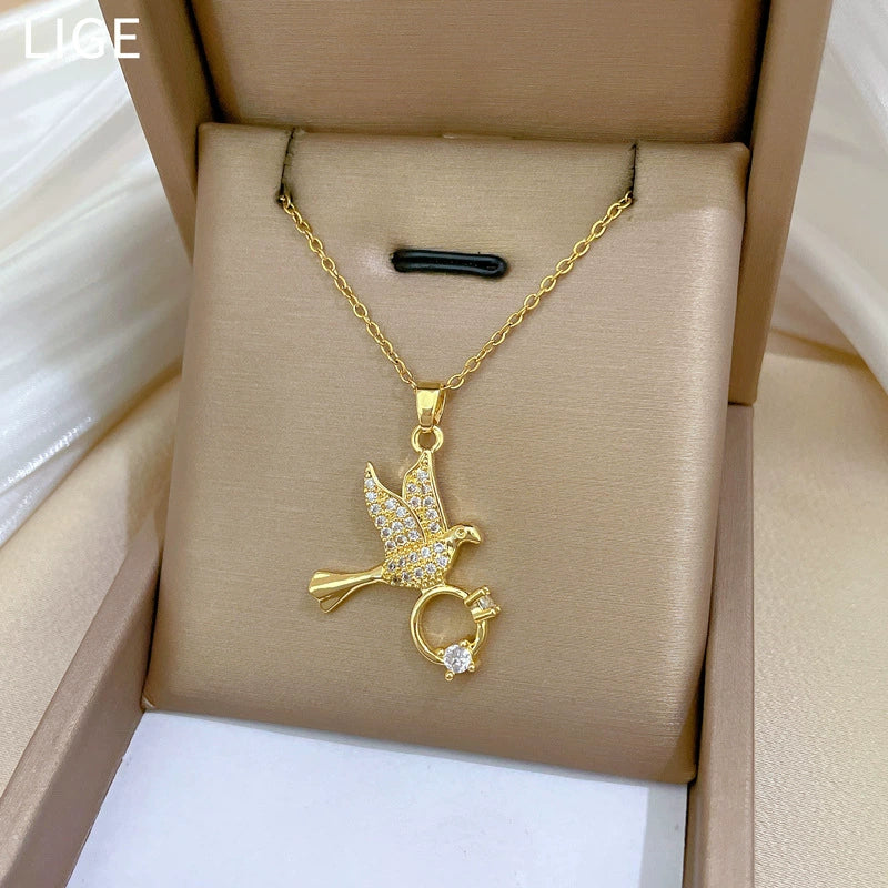 Necklace Stainless Steel Geometric Swallow Inclined Ring Light Luxury Elegant Gorgeous Copper Pendant - Image 3