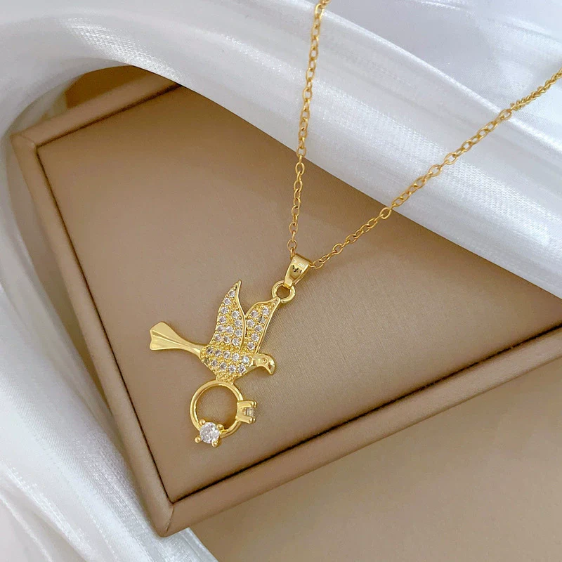 Necklace Stainless Steel Geometric Swallow Inclined Ring Light Luxury Elegant Gorgeous Copper Pendant - Image 4