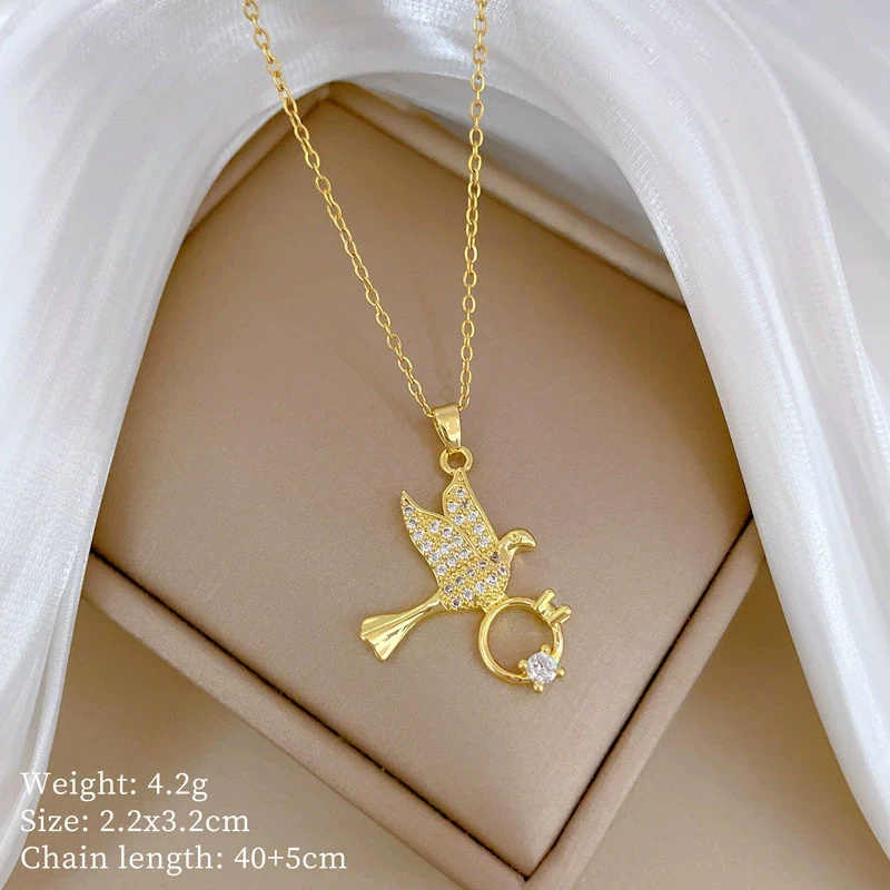 Necklace Stainless Steel Geometric Swallow Inclined Ring Light Luxury Elegant Gorgeous Copper Pendant - Image 6