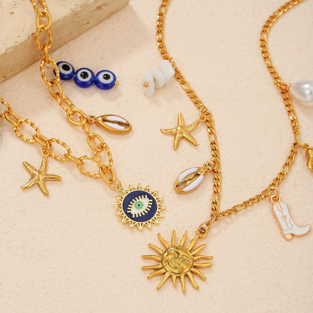 Necklace Stainless Steel Imitation Pearl Handmade Geometric Shell Pendant O Word Chain