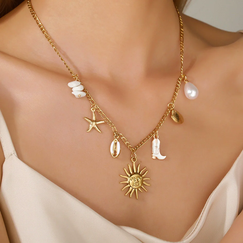 Necklace Stainless Steel Imitation Pearl Handmade Geometric Shell Pendant O Word Chain - Image 3