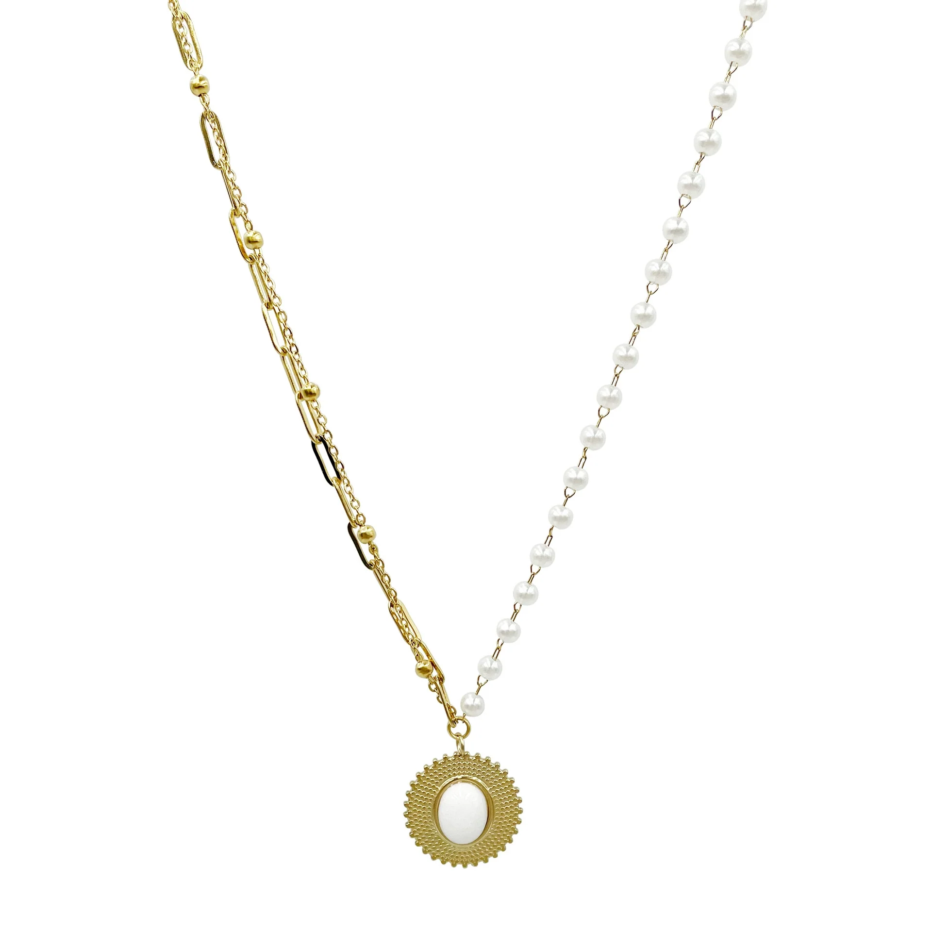 Necklace Stainless Steel Pearl White Natural Stone Straw Hat Pendant Light Luxury For Women Electroplating - Image 5