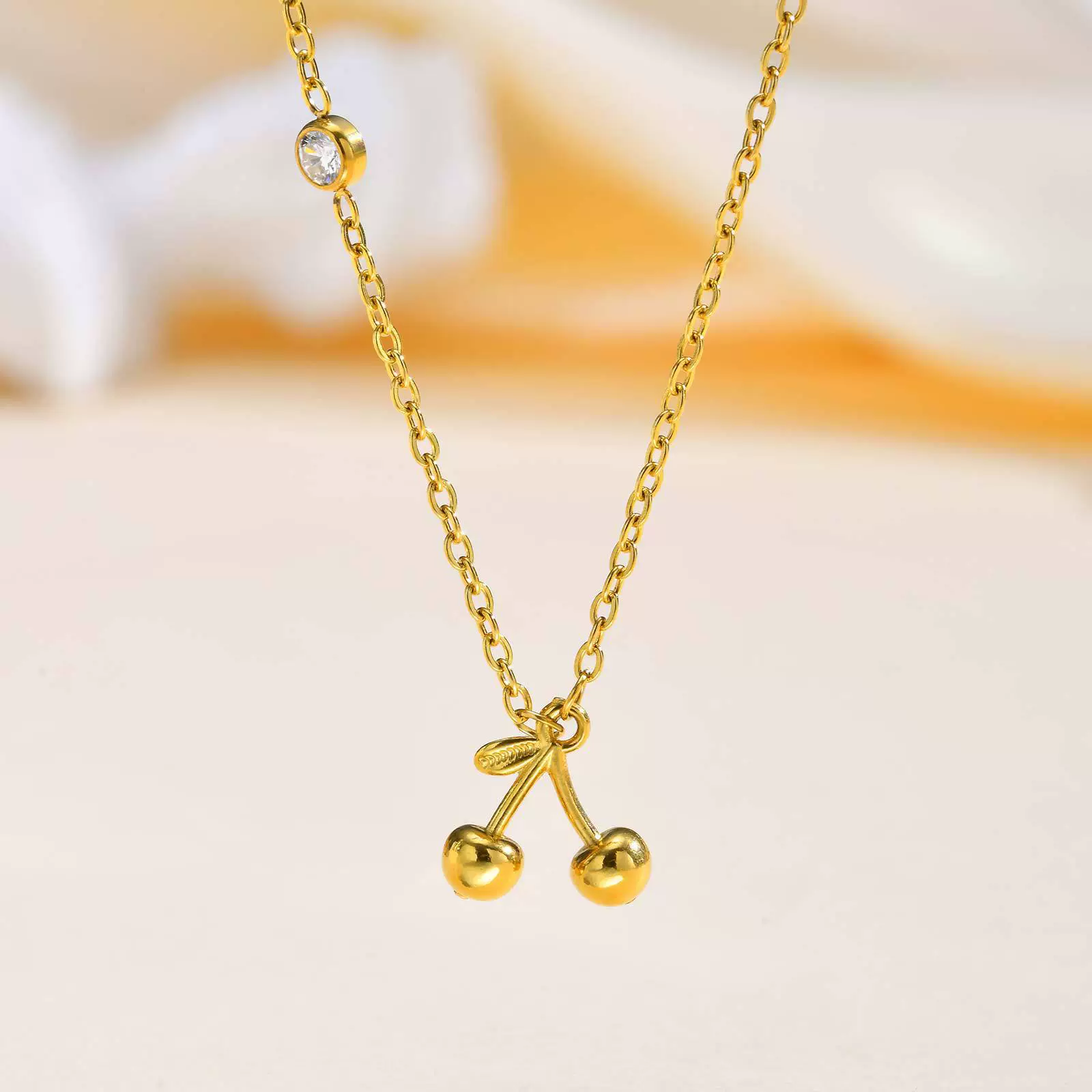 Necklace Stainless Steel Plated 18K Gold Zircon Cherry Ins Style Electroplating
