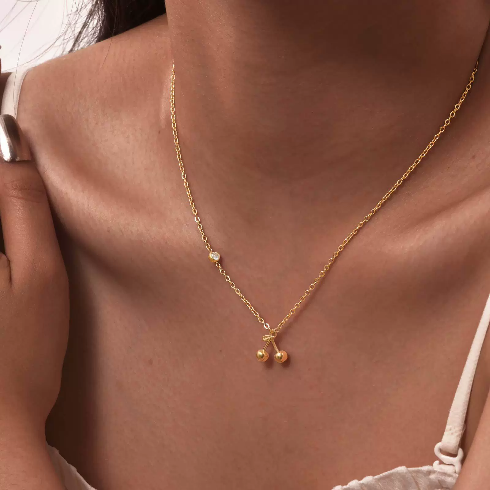 Necklace Stainless Steel Plated 18K Gold Zircon Cherry Ins Style Electroplating - Image 3