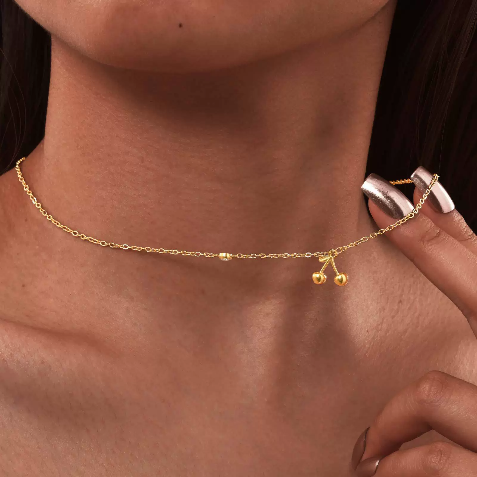 Necklace Stainless Steel Plated 18K Gold Zircon Cherry Ins Style Electroplating - Image 4