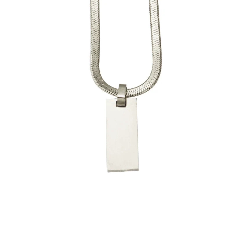 Necklace Stainless Steel Rectangular Geometric Laser Pendant Snake Chain - Image 6