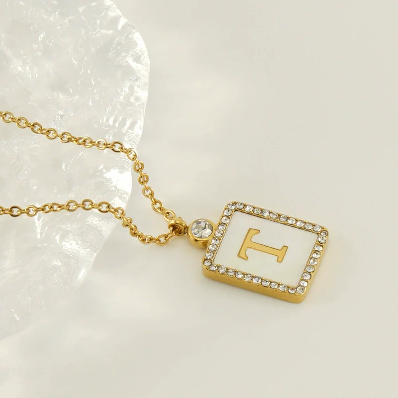 Necklace 316L Stainless Steel 18K Gold Plated Square Diamond English Letter Pendant For Women - Image 25