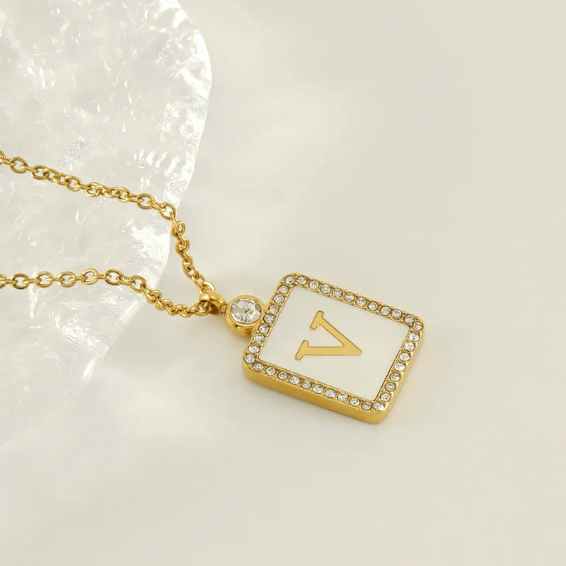 Necklace 316L Stainless Steel 18K Gold Plated Square Diamond English Letter Pendant For Women - Image 27
