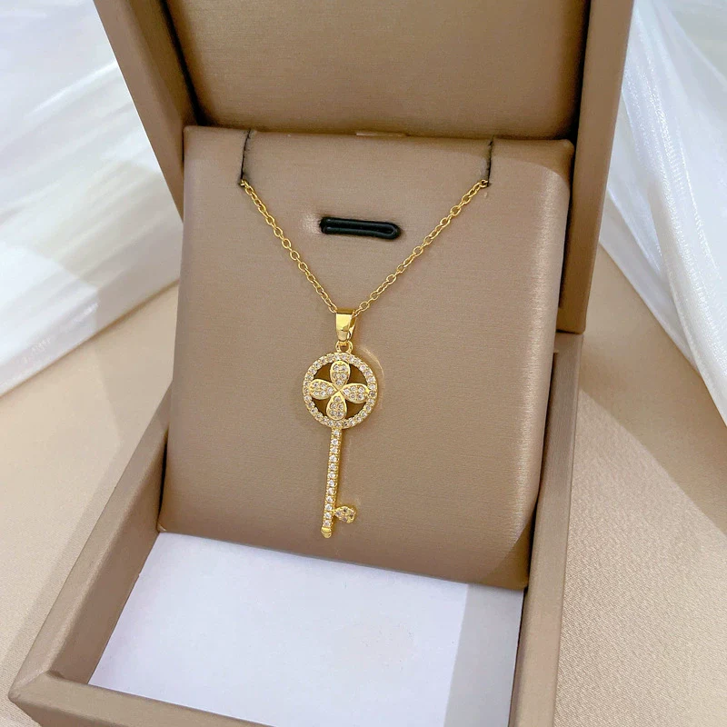 Necklace Titanium Steel Copper Geometric Flower Key Light Luxury Elegant Gorgeous Unisex - Image 3