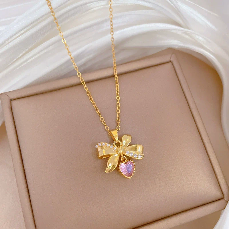 Necklace Titanium Steel Copper Geometric Style Butterfly Love Full Diamond Unisex - Image 3