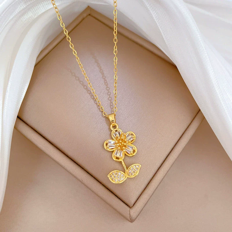 Necklace Titanium Steel Copper Geometric Style Green Leaf Flower Full Diamond - Image 4